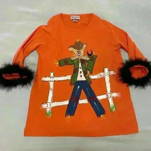 Vintage Shane Lee Inc Rare Scarecrow Orange Fall Shirt Size Small Feathers Paint - Picture 1 of 8